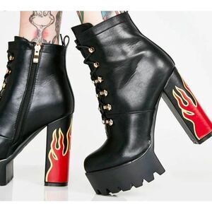 BNIB~LAMODA Black Hustler Flame Accent Platform Heel Booties Sz 9